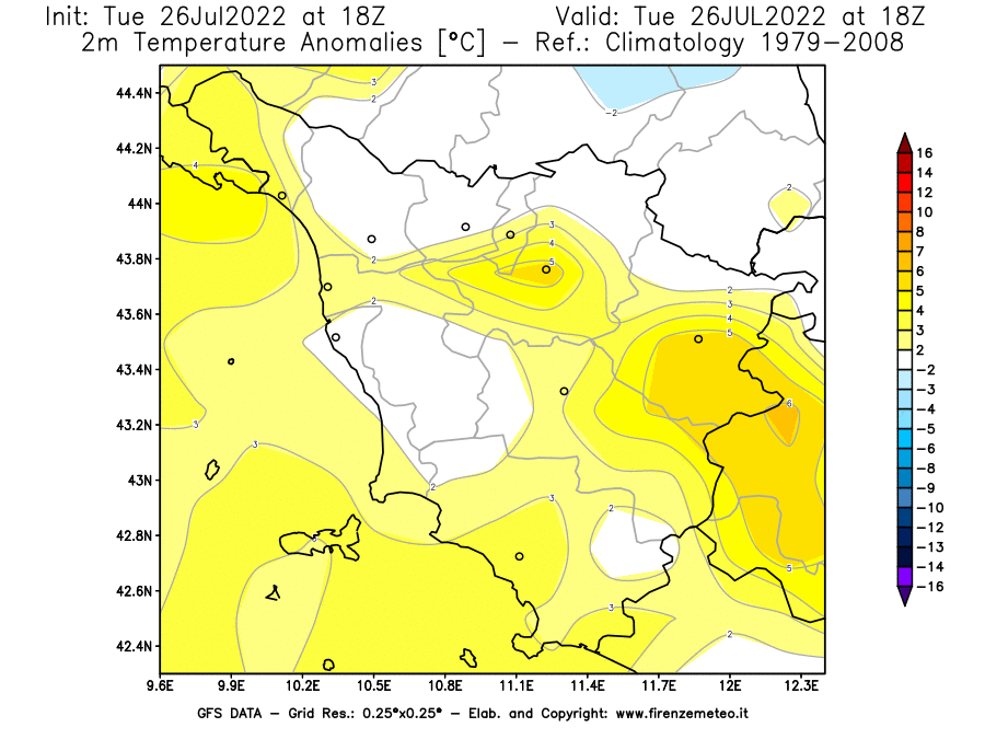 Mappa di analisi GFS - Anomalia Temperatura [°C] a 2 m in Toscana
							del 26/07/2022 18 <!--googleoff: index-->UTC<!--googleon: index-->