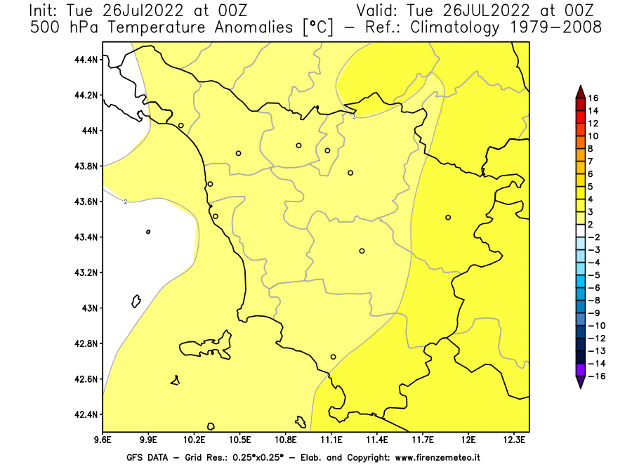 Mappa di analisi GFS - Anomalia Temperatura [°C] a 500 hPa in Toscana
							del 26/07/2022 00 <!--googleoff: index-->UTC<!--googleon: index-->