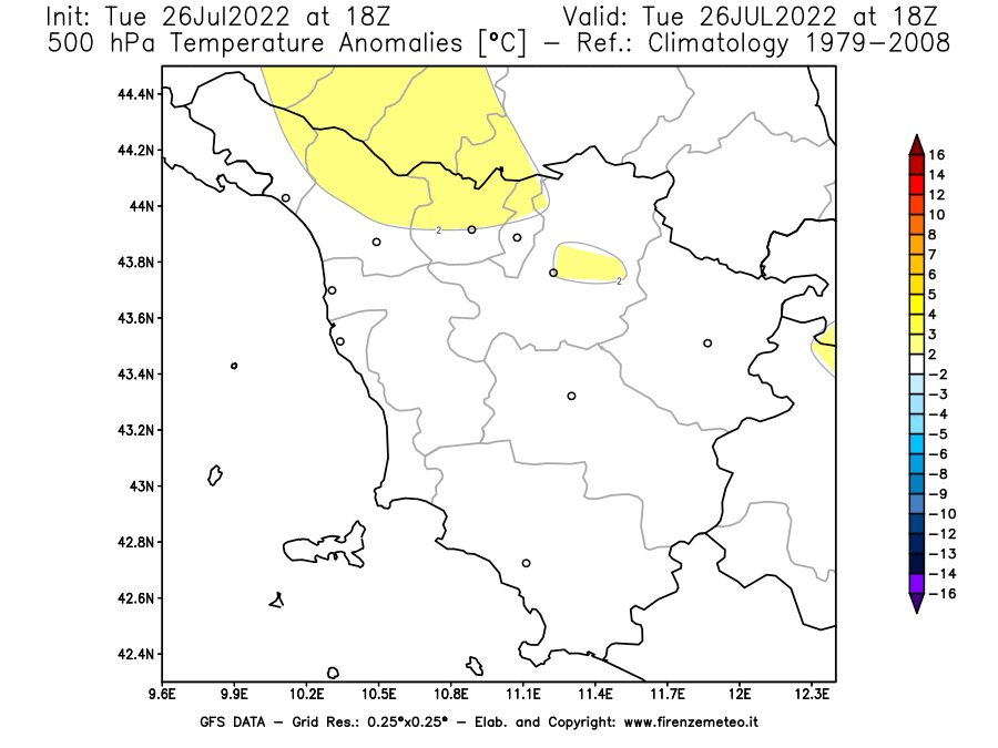 Mappa di analisi GFS - Anomalia Temperatura [°C] a 500 hPa in Toscana
							del 26/07/2022 18 <!--googleoff: index-->UTC<!--googleon: index-->