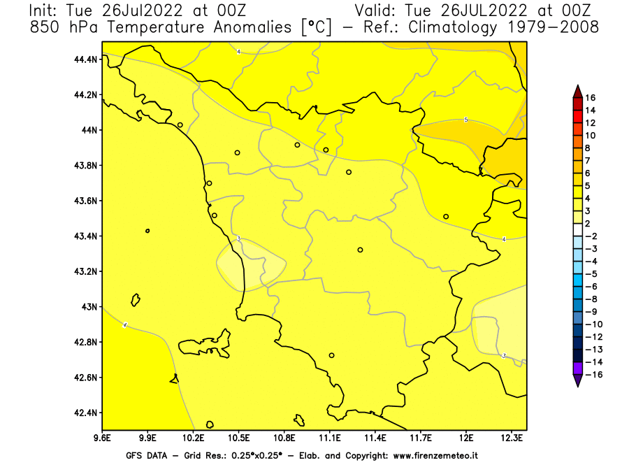 Mappa di analisi GFS - Anomalia Temperatura [°C] a 850 hPa in Toscana
							del 26/07/2022 00 <!--googleoff: index-->UTC<!--googleon: index-->