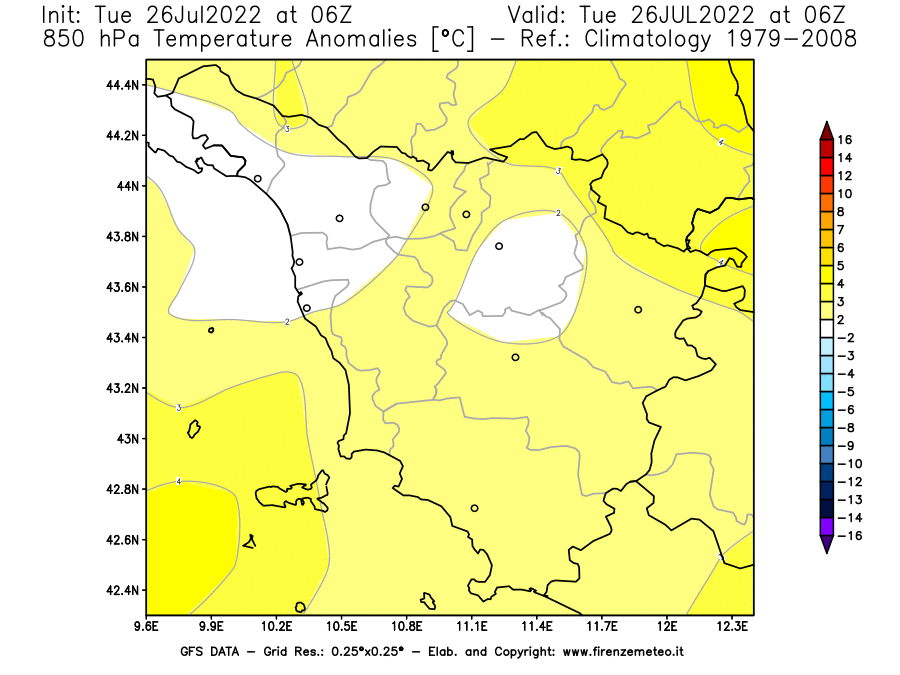 Mappa di analisi GFS - Anomalia Temperatura [°C] a 850 hPa in Toscana
							del 26/07/2022 06 <!--googleoff: index-->UTC<!--googleon: index-->