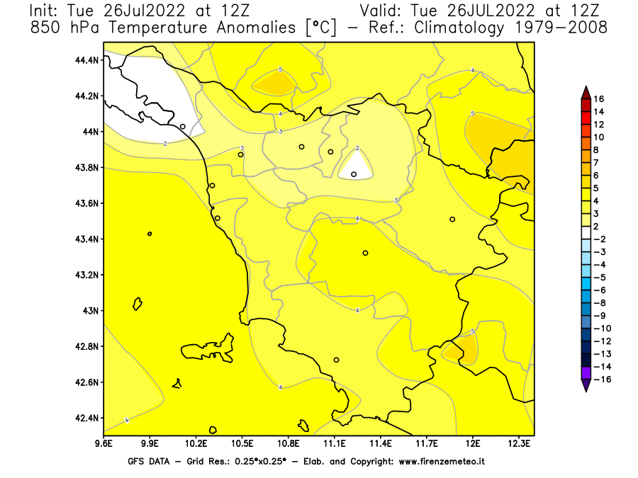 Mappa di analisi GFS - Anomalia Temperatura [°C] a 850 hPa in Toscana
							del 26/07/2022 12 <!--googleoff: index-->UTC<!--googleon: index-->