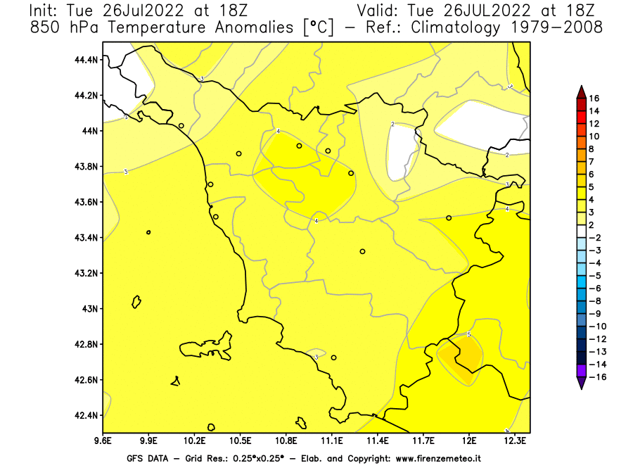 Mappa di analisi GFS - Anomalia Temperatura [°C] a 850 hPa in Toscana
							del 26/07/2022 18 <!--googleoff: index-->UTC<!--googleon: index-->