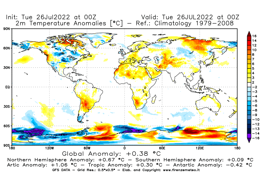 Mappa di analisi GFS - Anomalia Temperatura [°C] a 2 m in World
							del 26/07/2022 00 <!--googleoff: index-->UTC<!--googleon: index-->