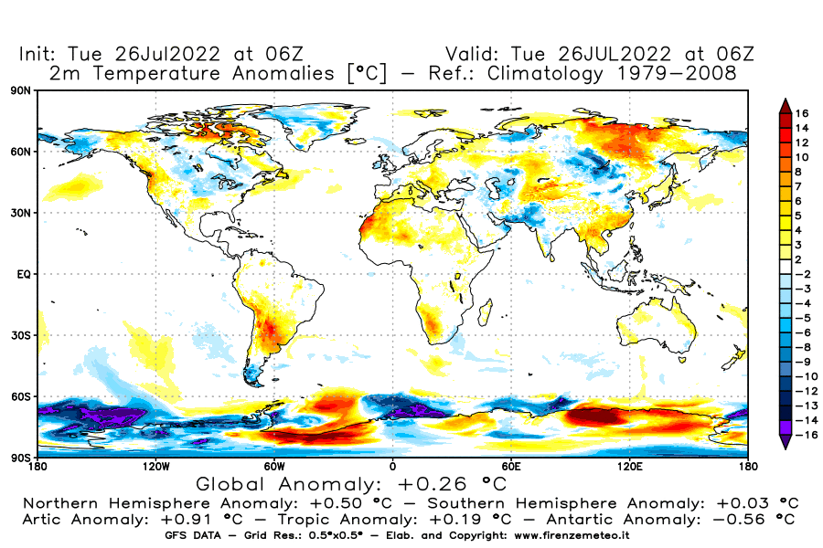 Mappa di analisi GFS - Anomalia Temperatura [°C] a 2 m in World
							del 26/07/2022 06 <!--googleoff: index-->UTC<!--googleon: index-->
