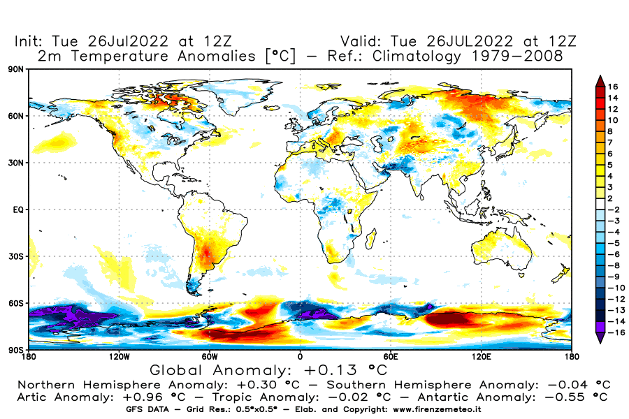 Mappa di analisi GFS - Anomalia Temperatura [°C] a 2 m in World
							del 26/07/2022 12 <!--googleoff: index-->UTC<!--googleon: index-->