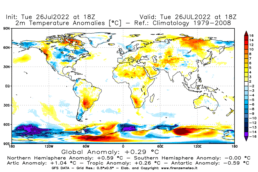 Mappa di analisi GFS - Anomalia Temperatura [°C] a 2 m in World
							del 26/07/2022 18 <!--googleoff: index-->UTC<!--googleon: index-->