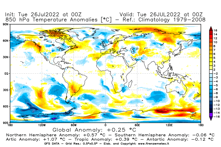 Mappa di analisi GFS - Anomalia Temperatura [°C] a 850 hPa in World
							del 26/07/2022 00 <!--googleoff: index-->UTC<!--googleon: index-->