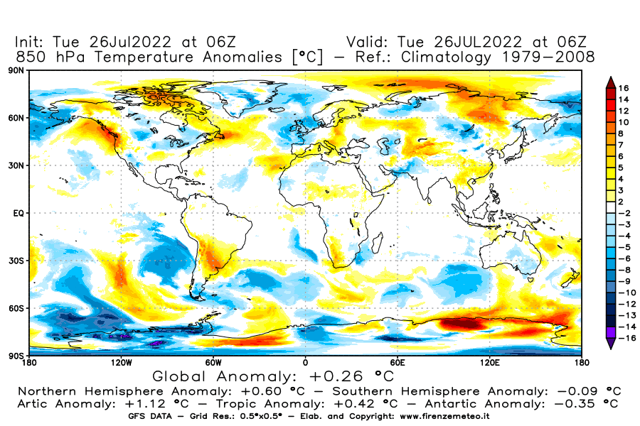 Mappa di analisi GFS - Anomalia Temperatura [°C] a 850 hPa in World
							del 26/07/2022 06 <!--googleoff: index-->UTC<!--googleon: index-->