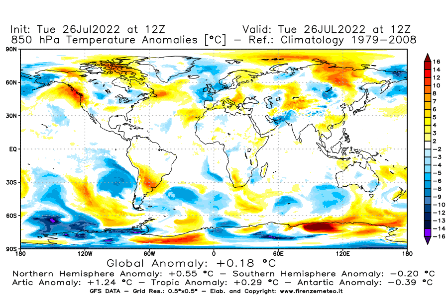 Mappa di analisi GFS - Anomalia Temperatura [°C] a 850 hPa in World
							del 26/07/2022 12 <!--googleoff: index-->UTC<!--googleon: index-->