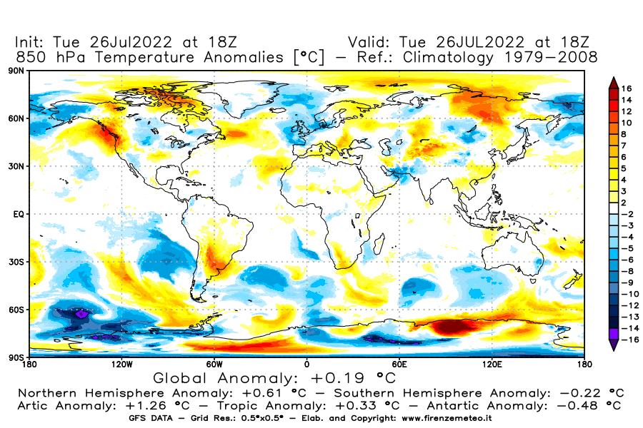 Mappa di analisi GFS - Anomalia Temperatura [°C] a 850 hPa in World
							del 26/07/2022 18 <!--googleoff: index-->UTC<!--googleon: index-->