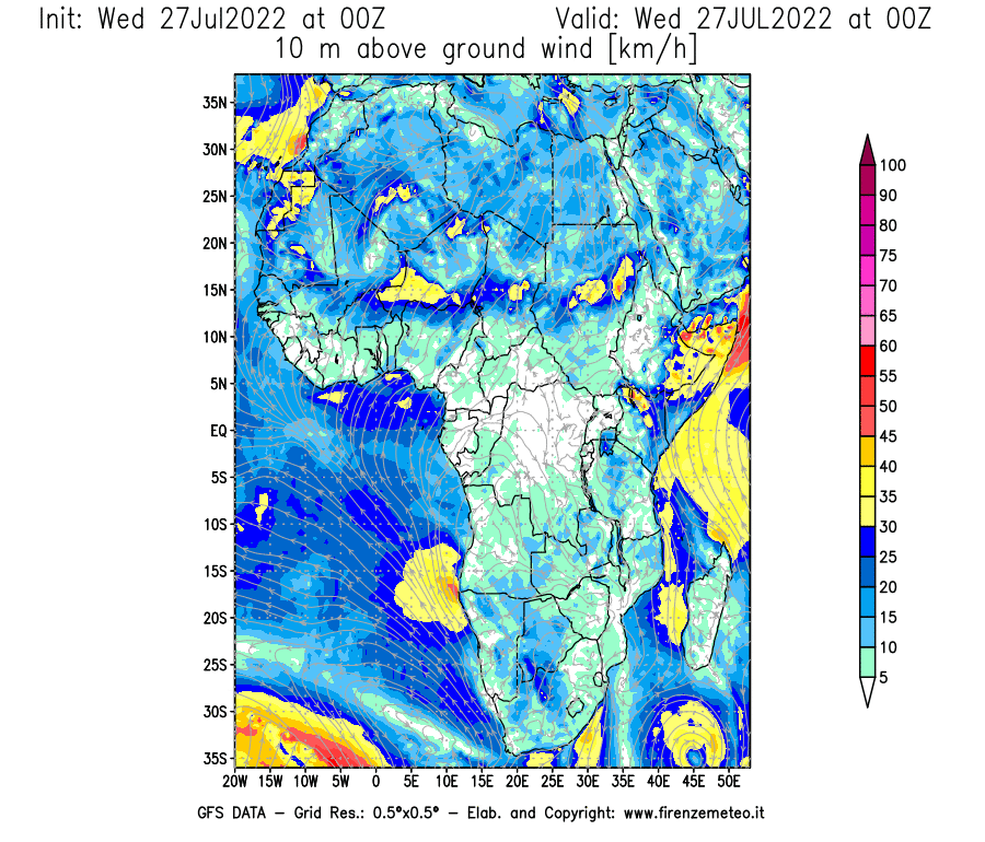 GFS analysi map - Wind Speed at 10 m above ground [km/h] in Africa
									on 27/07/2022 00 <!--googleoff: index-->UTC<!--googleon: index-->