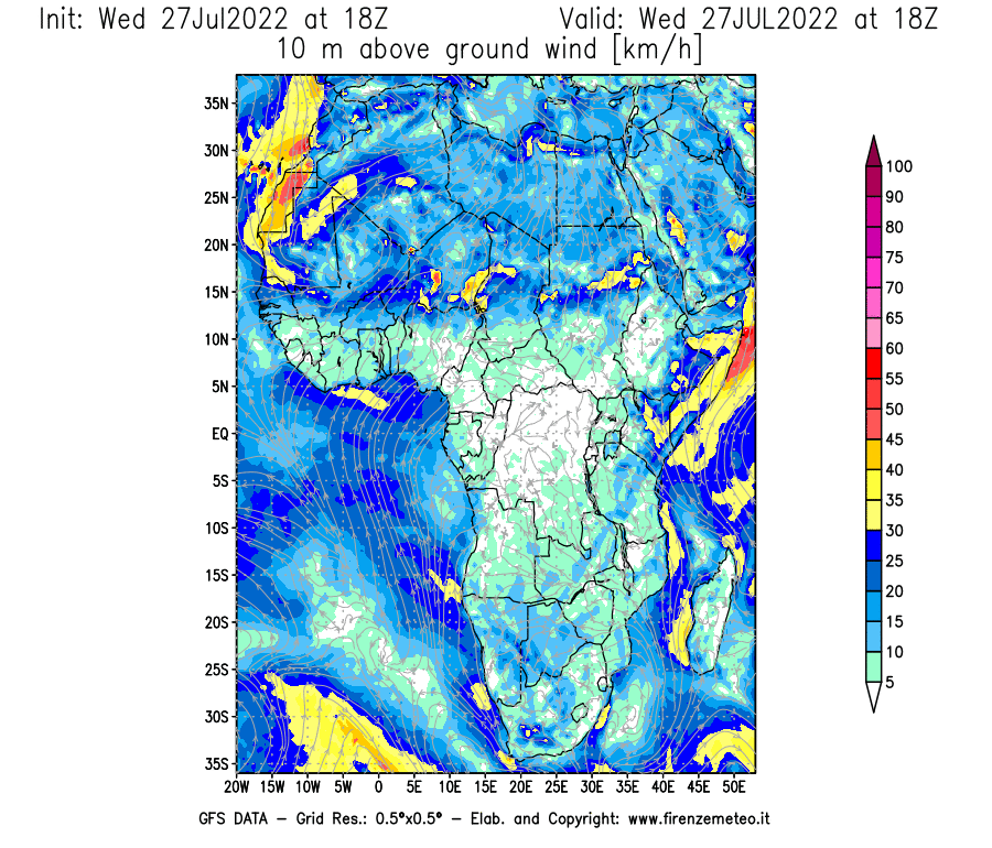 GFS analysi map - Wind Speed at 10 m above ground [km/h] in Africa
									on 27/07/2022 18 <!--googleoff: index-->UTC<!--googleon: index-->