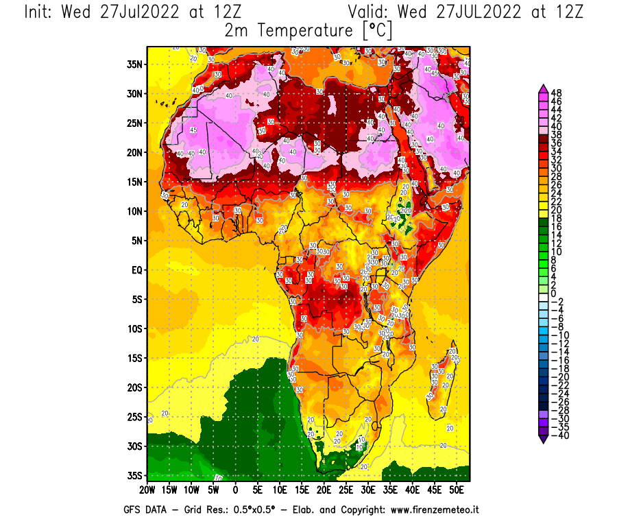 GFS analysi map - Temperature at 2 m above ground [°C] in Africa
									on 27/07/2022 12 <!--googleoff: index-->UTC<!--googleon: index-->