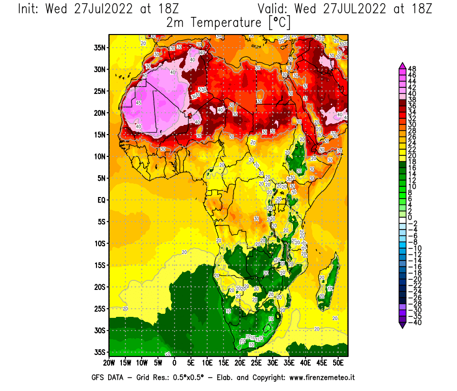GFS analysi map - Temperature at 2 m above ground [°C] in Africa
									on 27/07/2022 18 <!--googleoff: index-->UTC<!--googleon: index-->