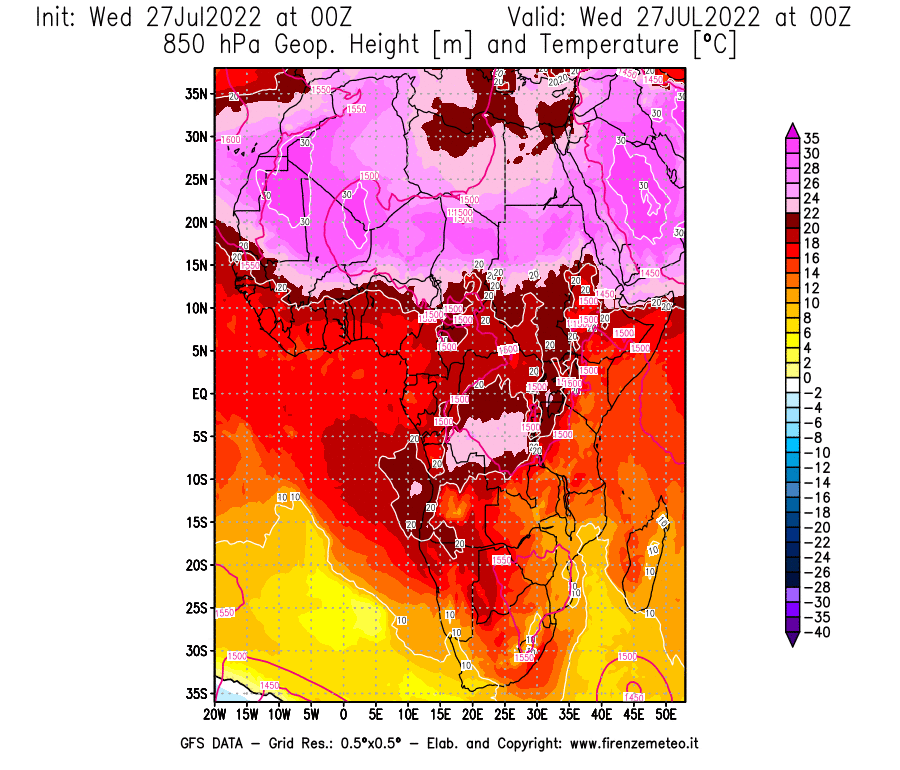 GFS analysi map - Geopotential [m] and Temperature [°C] at 850 hPa in Africa
									on 27/07/2022 00 <!--googleoff: index-->UTC<!--googleon: index-->