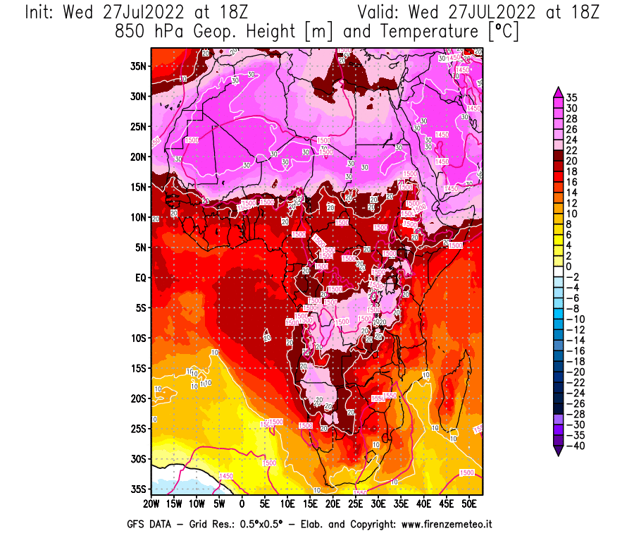 GFS analysi map - Geopotential [m] and Temperature [°C] at 850 hPa in Africa
									on 27/07/2022 18 <!--googleoff: index-->UTC<!--googleon: index-->