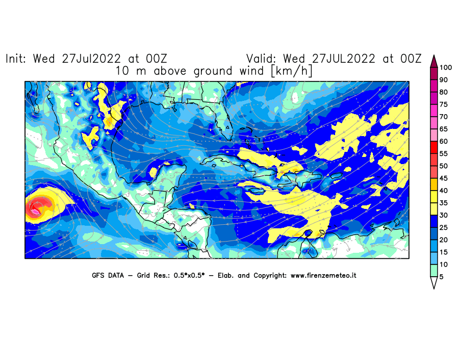GFS analysi map - Wind Speed at 10 m above ground [km/h] in Central America
									on 27/07/2022 00 <!--googleoff: index-->UTC<!--googleon: index-->