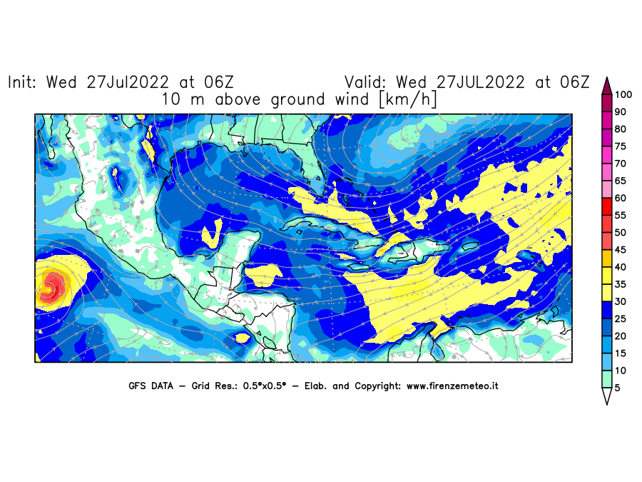 GFS analysi map - Wind Speed at 10 m above ground [km/h] in Central America
									on 27/07/2022 06 <!--googleoff: index-->UTC<!--googleon: index-->