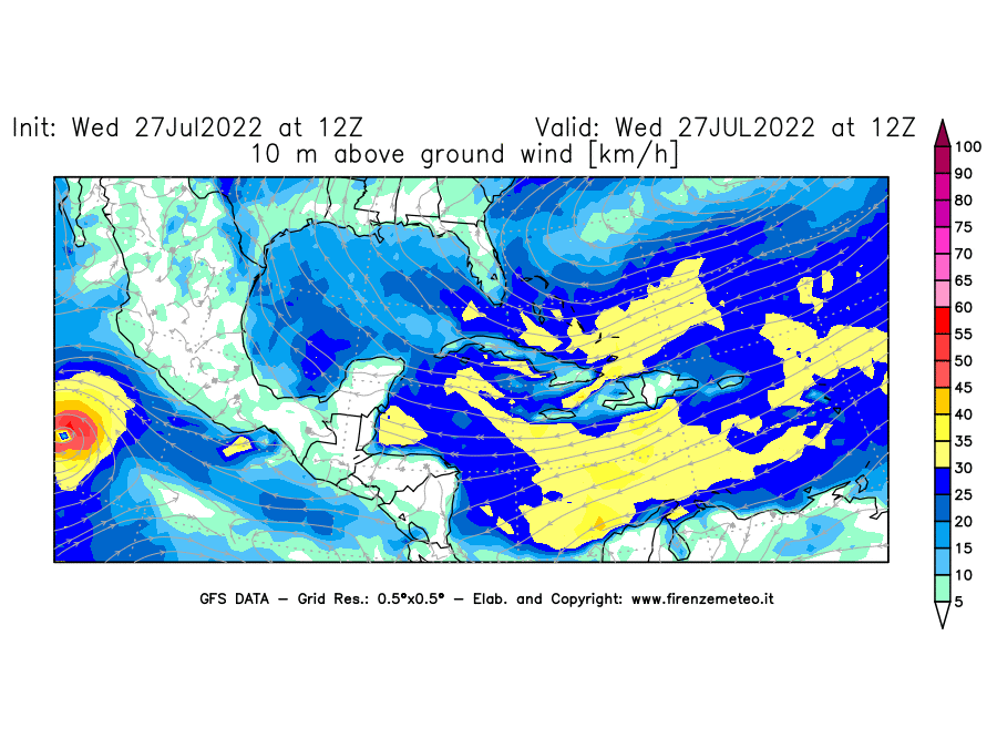 GFS analysi map - Wind Speed at 10 m above ground [km/h] in Central America
									on 27/07/2022 12 <!--googleoff: index-->UTC<!--googleon: index-->