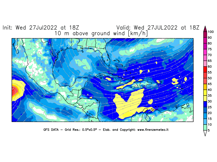 GFS analysi map - Wind Speed at 10 m above ground [km/h] in Central America
									on 27/07/2022 18 <!--googleoff: index-->UTC<!--googleon: index-->