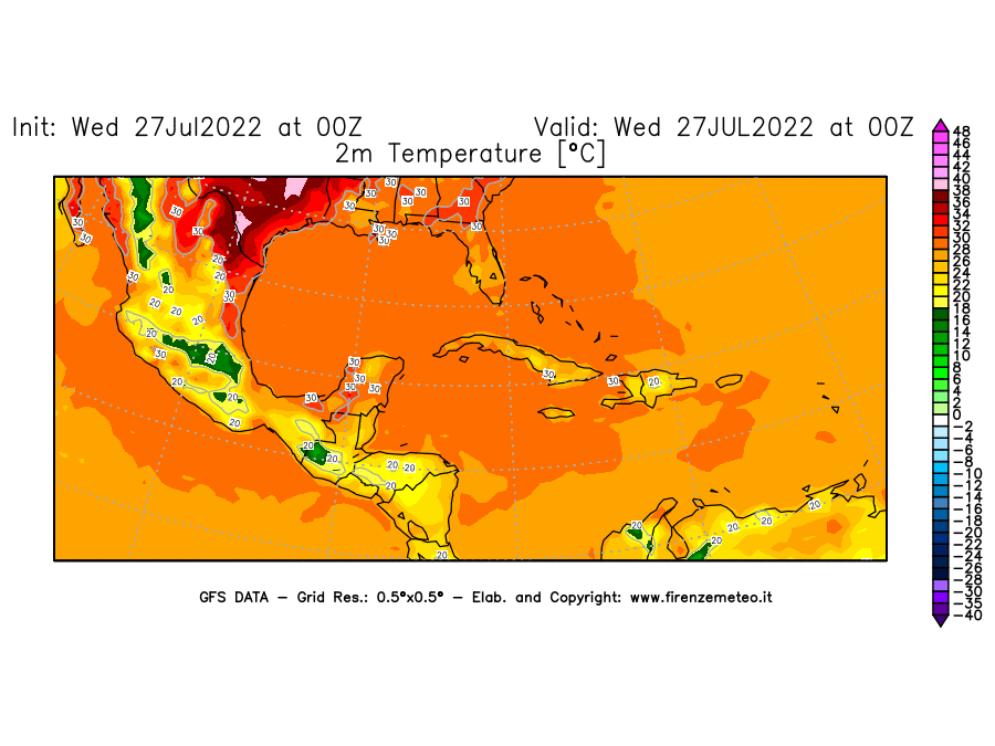 GFS analysi map - Temperature at 2 m above ground [°C] in Central America
									on 27/07/2022 00 <!--googleoff: index-->UTC<!--googleon: index-->