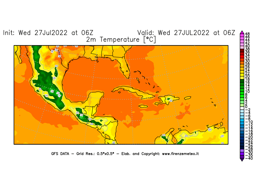GFS analysi map - Temperature at 2 m above ground [°C] in Central America
									on 27/07/2022 06 <!--googleoff: index-->UTC<!--googleon: index-->