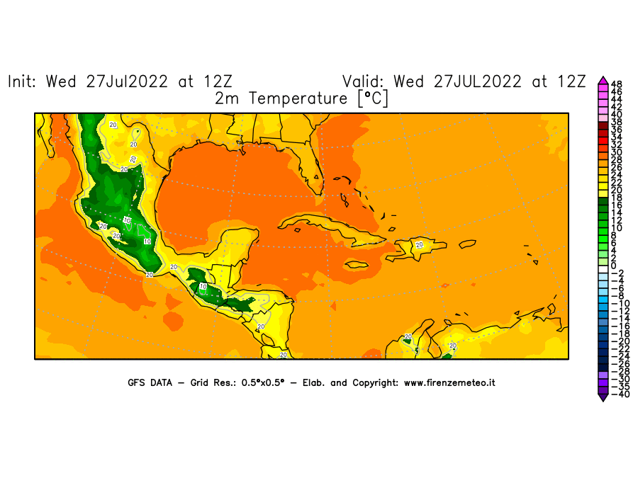 GFS analysi map - Temperature at 2 m above ground [°C] in Central America
									on 27/07/2022 12 <!--googleoff: index-->UTC<!--googleon: index-->