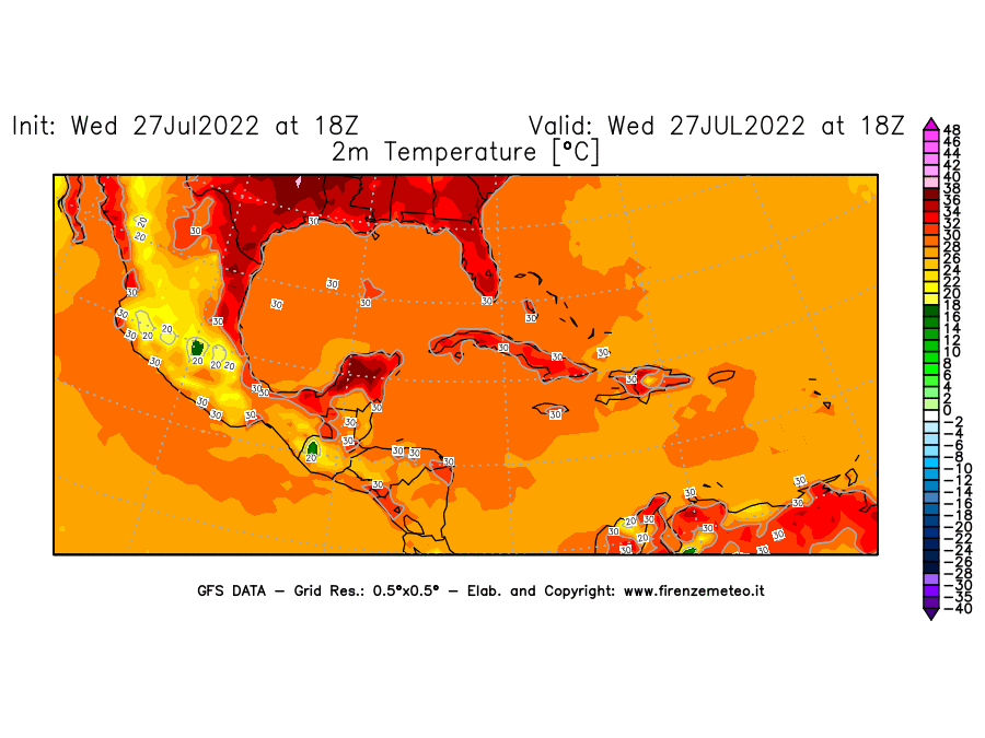 GFS analysi map - Temperature at 2 m above ground [°C] in Central America
									on 27/07/2022 18 <!--googleoff: index-->UTC<!--googleon: index-->
