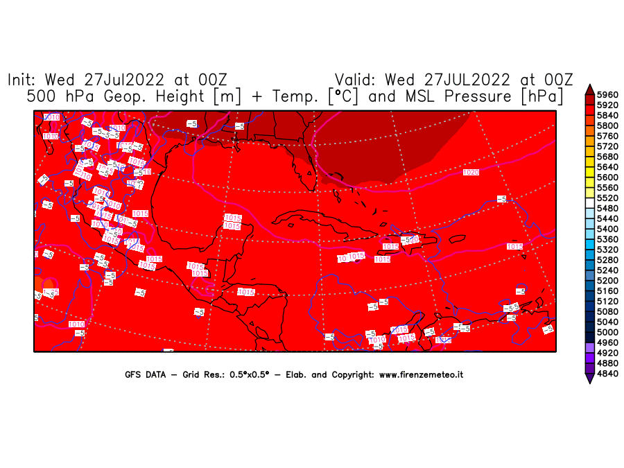 GFS analysi map - Geopotential [m] + Temp. [°C] at 500 hPa + Sea Level Pressure [hPa] in Central America
									on 27/07/2022 00 <!--googleoff: index-->UTC<!--googleon: index-->