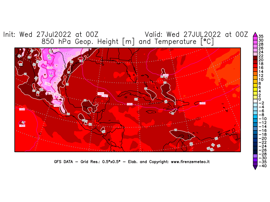 GFS analysi map - Geopotential [m] and Temperature [°C] at 850 hPa in Central America
									on 27/07/2022 00 <!--googleoff: index-->UTC<!--googleon: index-->