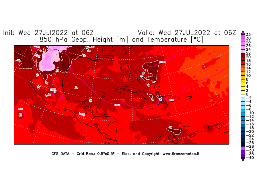 GFS analysi map - Geopotential [m] and Temperature [°C] at 850 hPa in Central America
									on 27/07/2022 06 <!--googleoff: index-->UTC<!--googleon: index-->