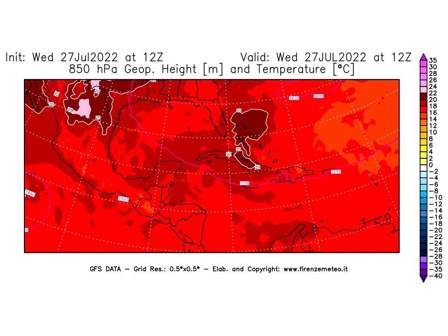 GFS analysi map - Geopotential [m] and Temperature [°C] at 850 hPa in Central America
									on 27/07/2022 12 <!--googleoff: index-->UTC<!--googleon: index-->