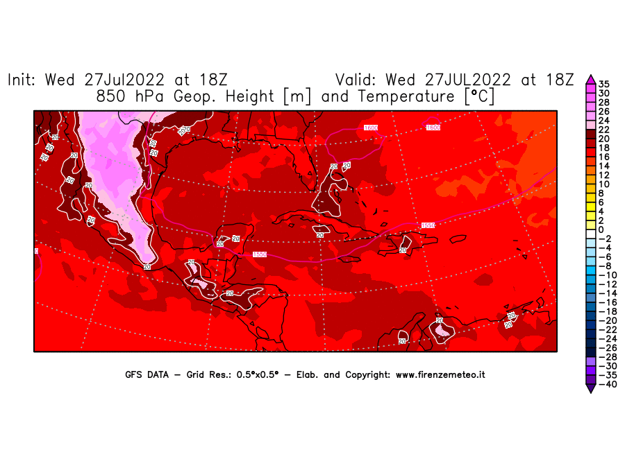 GFS analysi map - Geopotential [m] and Temperature [°C] at 850 hPa in Central America
									on 27/07/2022 18 <!--googleoff: index-->UTC<!--googleon: index-->