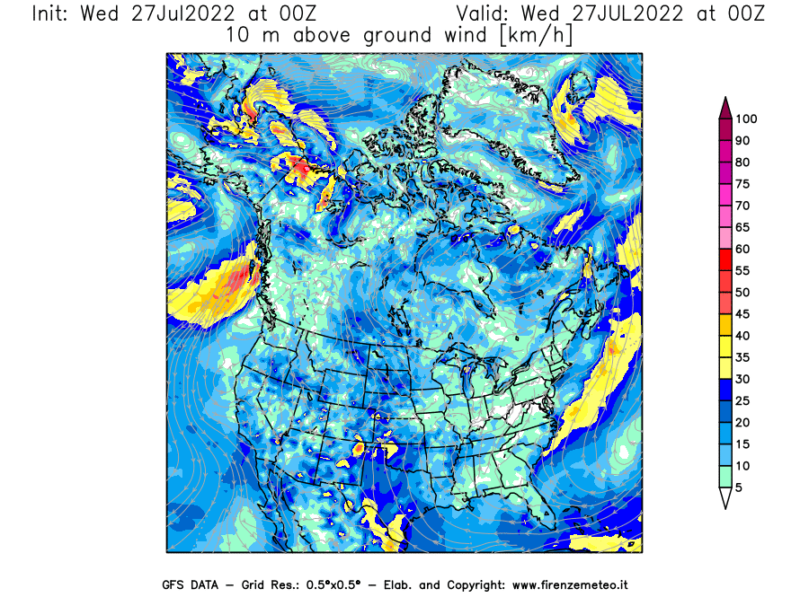 GFS analysi map - Wind Speed at 10 m above ground [km/h] in North America
									on 27/07/2022 00 <!--googleoff: index-->UTC<!--googleon: index-->
