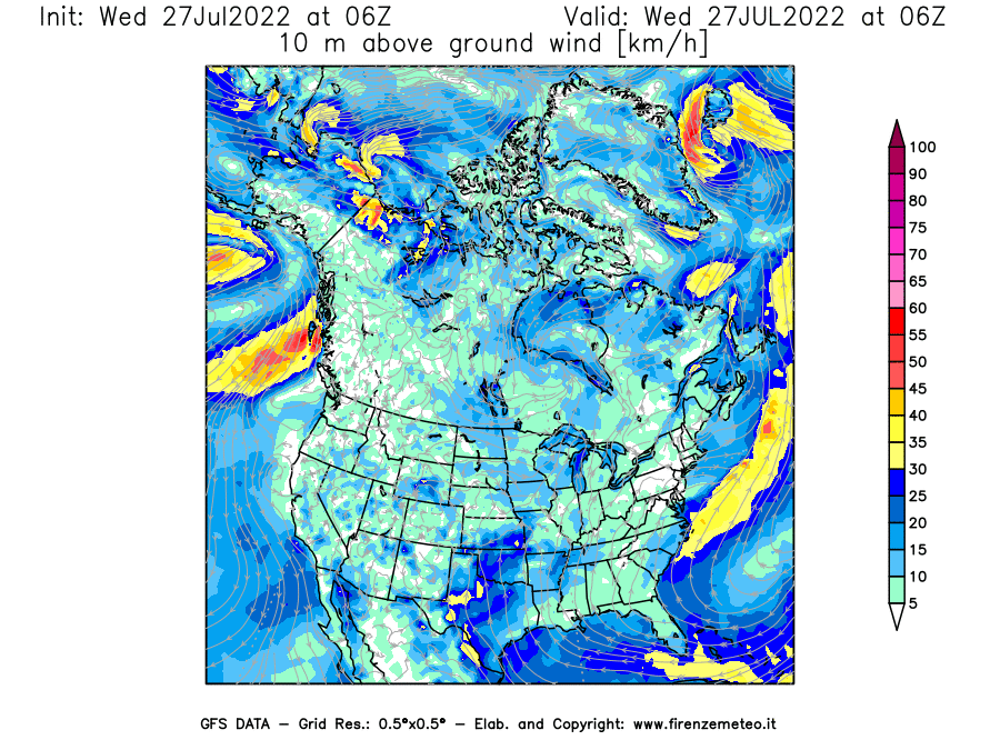 GFS analysi map - Wind Speed at 10 m above ground [km/h] in North America
									on 27/07/2022 06 <!--googleoff: index-->UTC<!--googleon: index-->