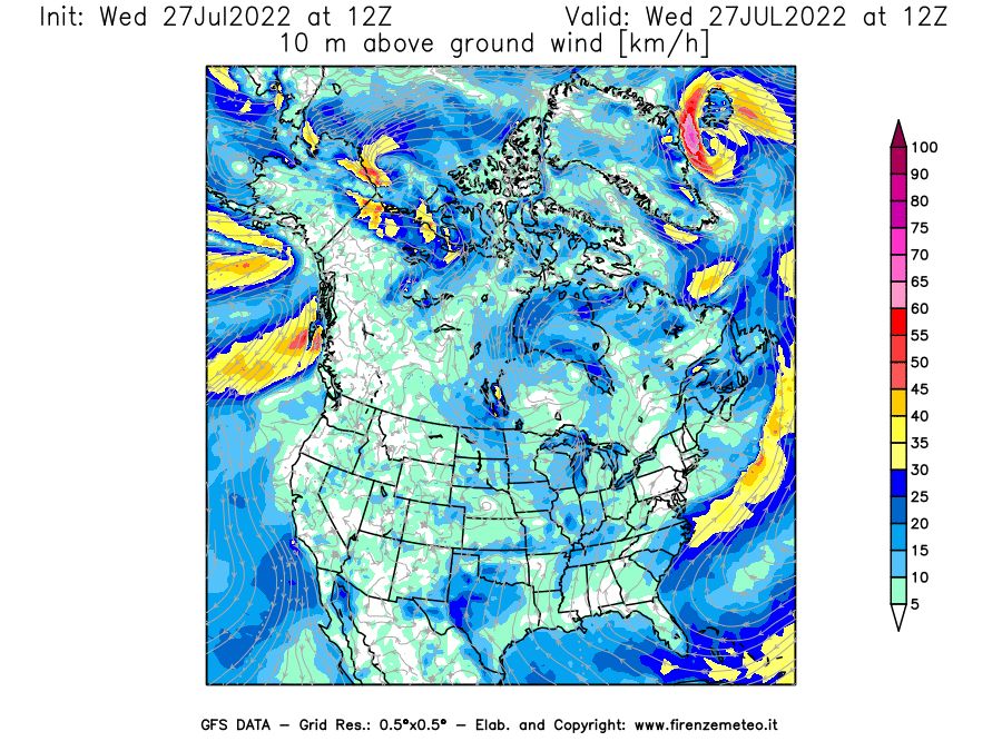 GFS analysi map - Wind Speed at 10 m above ground [km/h] in North America
									on 27/07/2022 12 <!--googleoff: index-->UTC<!--googleon: index-->