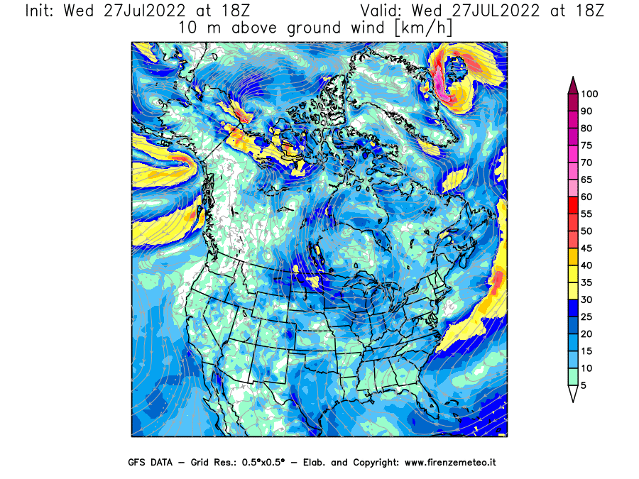GFS analysi map - Wind Speed at 10 m above ground [km/h] in North America
									on 27/07/2022 18 <!--googleoff: index-->UTC<!--googleon: index-->
