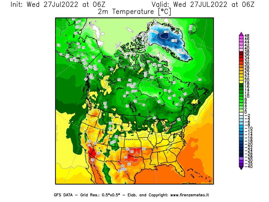 GFS analysi map - Temperature at 2 m above ground [°C] in North America
									on 27/07/2022 06 <!--googleoff: index-->UTC<!--googleon: index-->