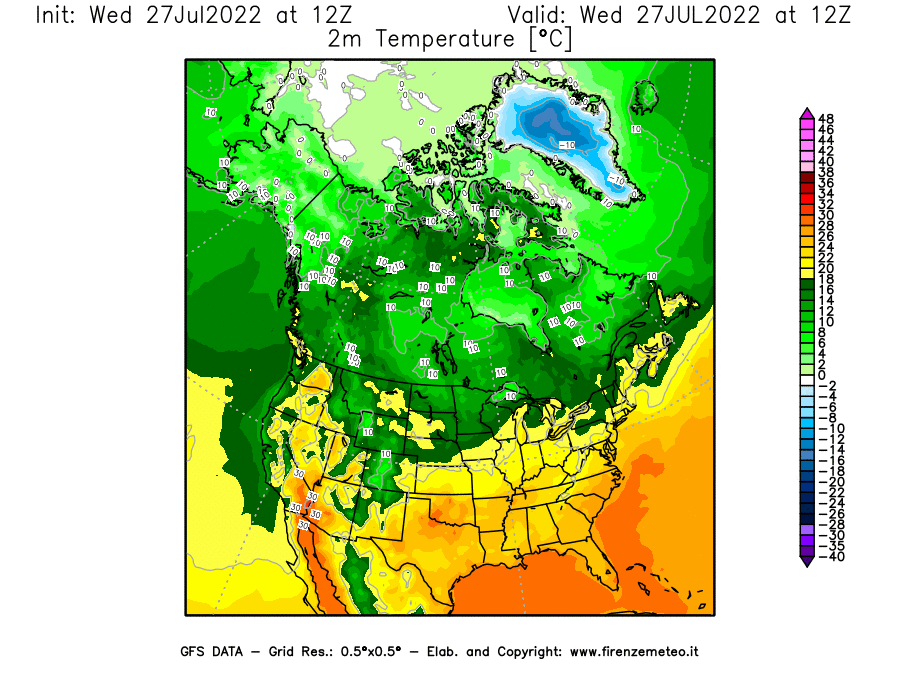 GFS analysi map - Temperature at 2 m above ground [°C] in North America
									on 27/07/2022 12 <!--googleoff: index-->UTC<!--googleon: index-->