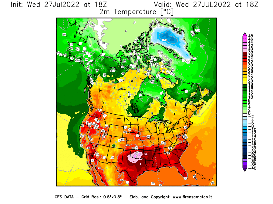 GFS analysi map - Temperature at 2 m above ground [°C] in North America
									on 27/07/2022 18 <!--googleoff: index-->UTC<!--googleon: index-->