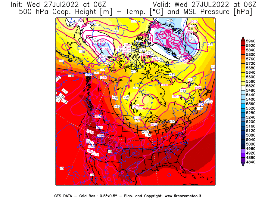 GFS analysi map - Geopotential [m] + Temp. [°C] at 500 hPa + Sea Level Pressure [hPa] in North America
									on 27/07/2022 06 <!--googleoff: index-->UTC<!--googleon: index-->