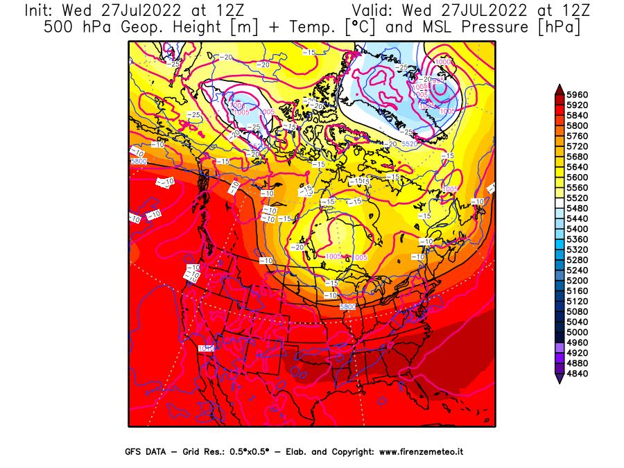 GFS analysi map - Geopotential [m] + Temp. [°C] at 500 hPa + Sea Level Pressure [hPa] in North America
									on 27/07/2022 12 <!--googleoff: index-->UTC<!--googleon: index-->