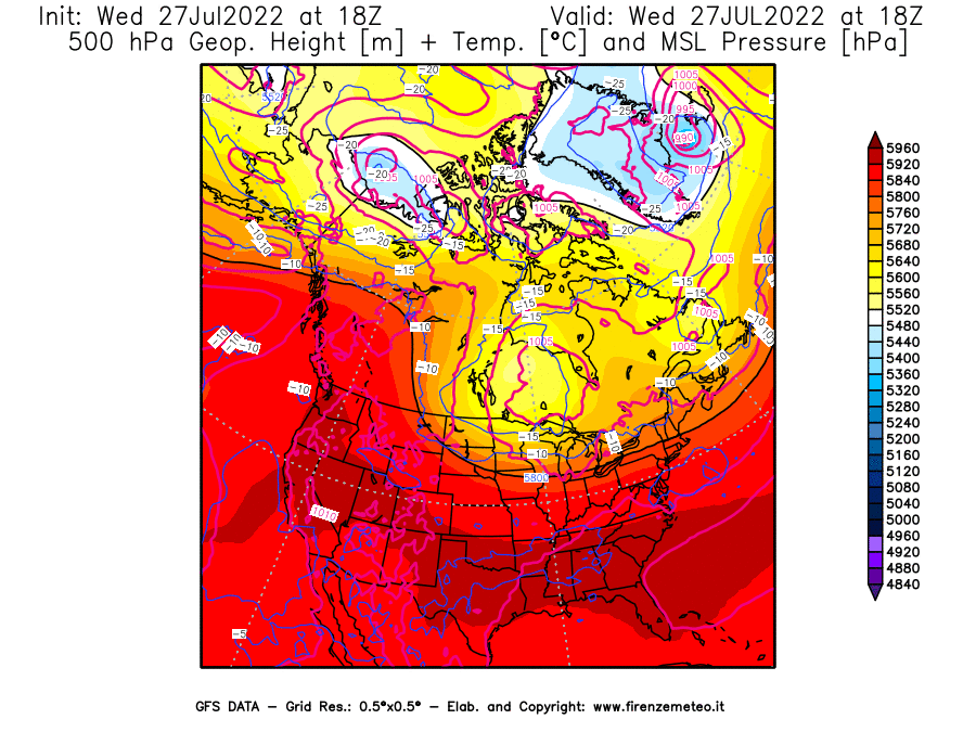 GFS analysi map - Geopotential [m] + Temp. [°C] at 500 hPa + Sea Level Pressure [hPa] in North America
									on 27/07/2022 18 <!--googleoff: index-->UTC<!--googleon: index-->