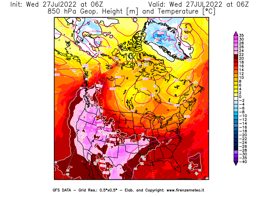 GFS analysi map - Geopotential [m] and Temperature [°C] at 850 hPa in North America
									on 27/07/2022 06 <!--googleoff: index-->UTC<!--googleon: index-->