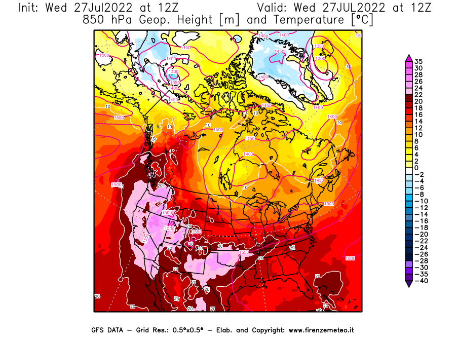 GFS analysi map - Geopotential [m] and Temperature [°C] at 850 hPa in North America
									on 27/07/2022 12 <!--googleoff: index-->UTC<!--googleon: index-->