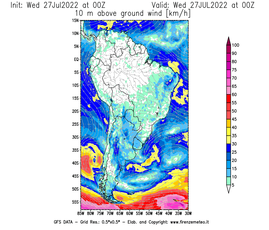 GFS analysi map - Wind Speed at 10 m above ground [km/h] in South America
									on 27/07/2022 00 <!--googleoff: index-->UTC<!--googleon: index-->
