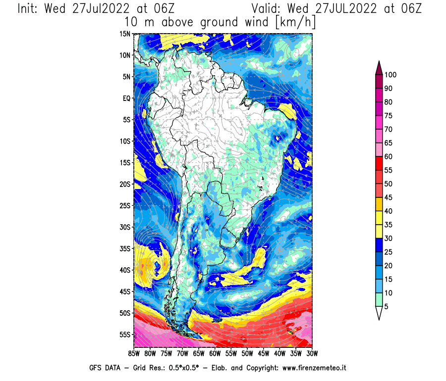GFS analysi map - Wind Speed at 10 m above ground [km/h] in South America
									on 27/07/2022 06 <!--googleoff: index-->UTC<!--googleon: index-->