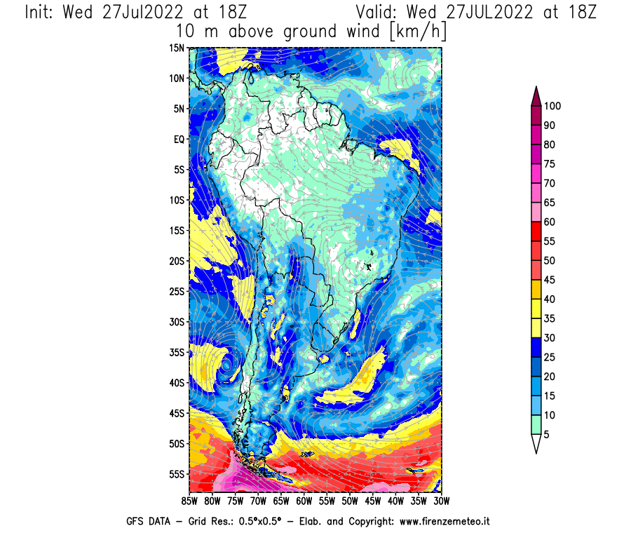 GFS analysi map - Wind Speed at 10 m above ground [km/h] in South America
									on 27/07/2022 18 <!--googleoff: index-->UTC<!--googleon: index-->