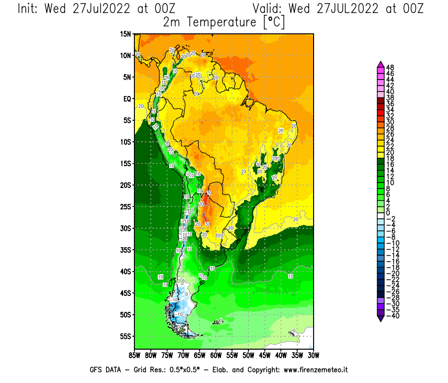 GFS analysi map - Temperature at 2 m above ground [°C] in South America
									on 27/07/2022 00 <!--googleoff: index-->UTC<!--googleon: index-->